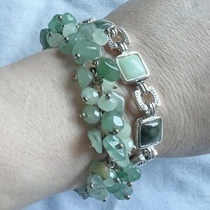 Green Stone Look Bracelet Set | Boho Chic Stack | Silver Tone | Earthy Jewelry